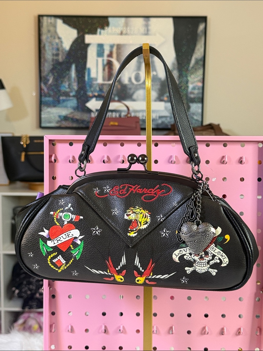 Ed Hardy Black Leather Tattoo-Print Shoulder Bag